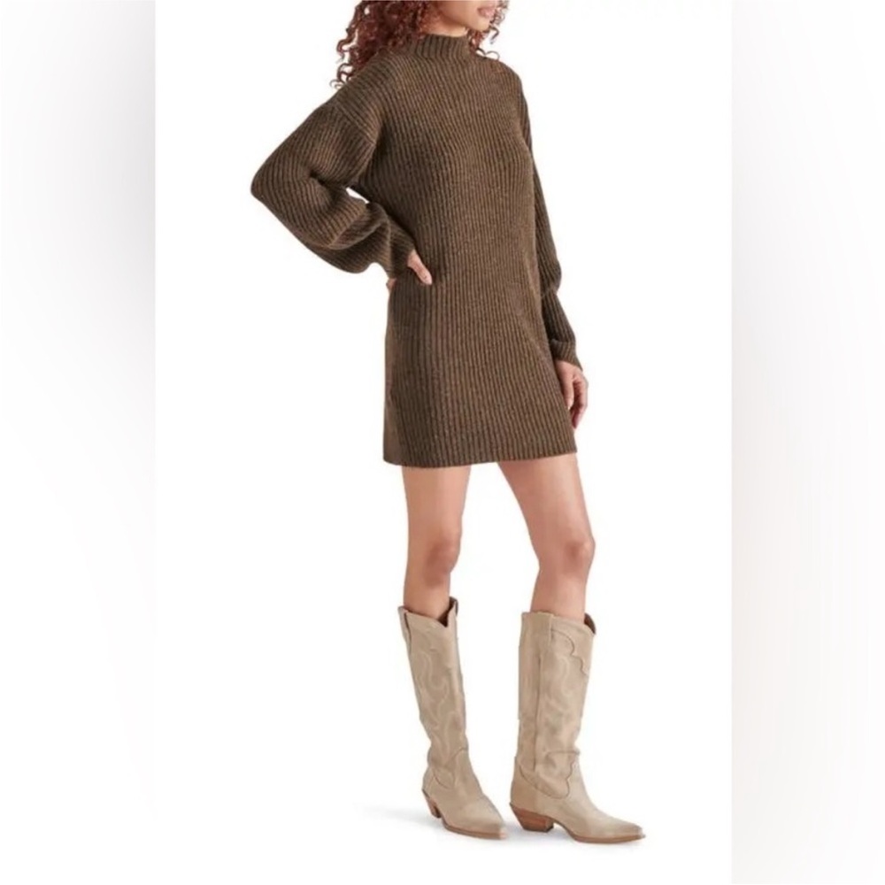 Steve Madden Ribbed Sweater Dress Brown Mock Neck Long Sleeve Oversized Knit